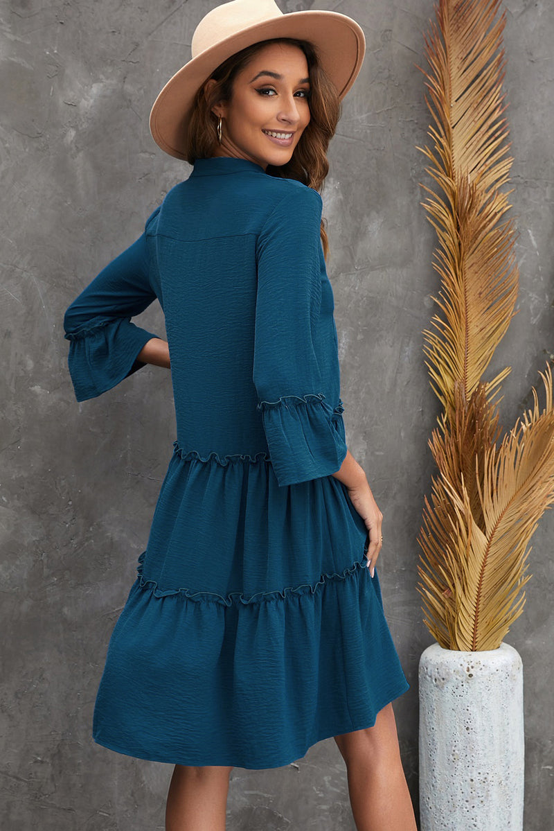 Frill Trim Three-Quarter Flare Sleeve Dress